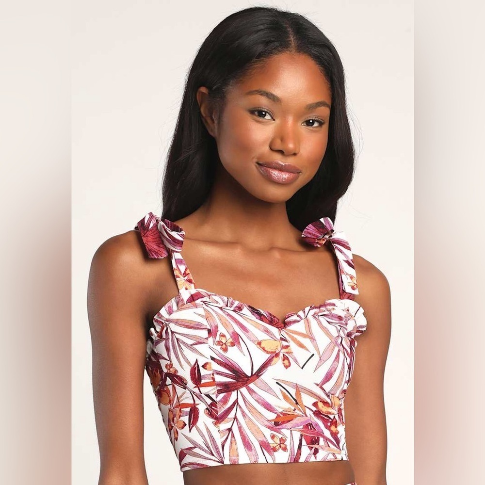 NWT Lulus Island Experience White Tropical Tie-Strap Bustier Crop Top Size XL